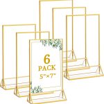 6 Pack 5x7 Inch Clear Acrylic Sign Holders, Double-Sided Gold Display Stand Picture Frames for Table Numbers, Menus, Flyers, Weddings, and Offices