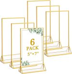 6 Pack 5x7 Inch Clear Acrylic Sign Holders, Double-Sided Gold Display Stand Picture Frames for Table Numbers, Menus, Flyers, Weddings, and Offices