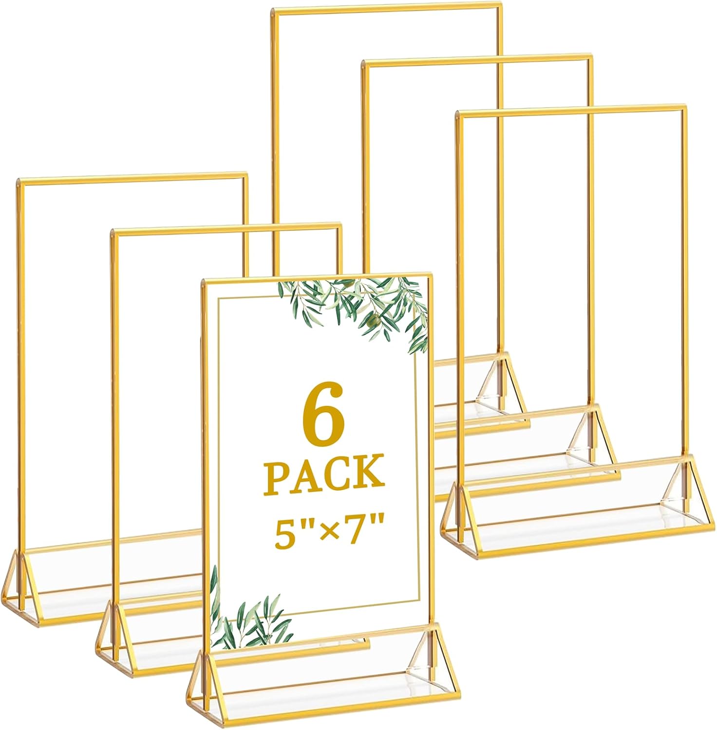61mGF1dTSqL._AC_SL1500_.jpg 6 Pack 5x7 Inch Clear Acrylic Sign Holders, Double-Sided Gold Display Stand Picture Frames for Table Numbers, Menus, Flyers, Weddings, and Offices - Image 1