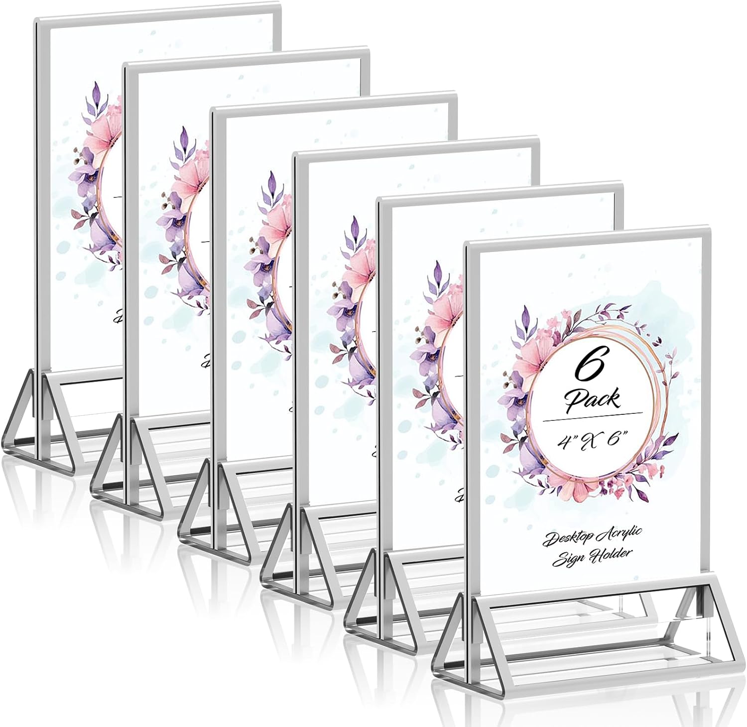 71-aOylK58L._AC_SL1500_.jpg Clear Acrylic Sign Holder 4X6 with Silver Borders Display Stand, Double Sided Acrylic Picture Frames Plastic Sign Holder for Wedding Table Numbers Menu Holder (6 Pack) - Image 1