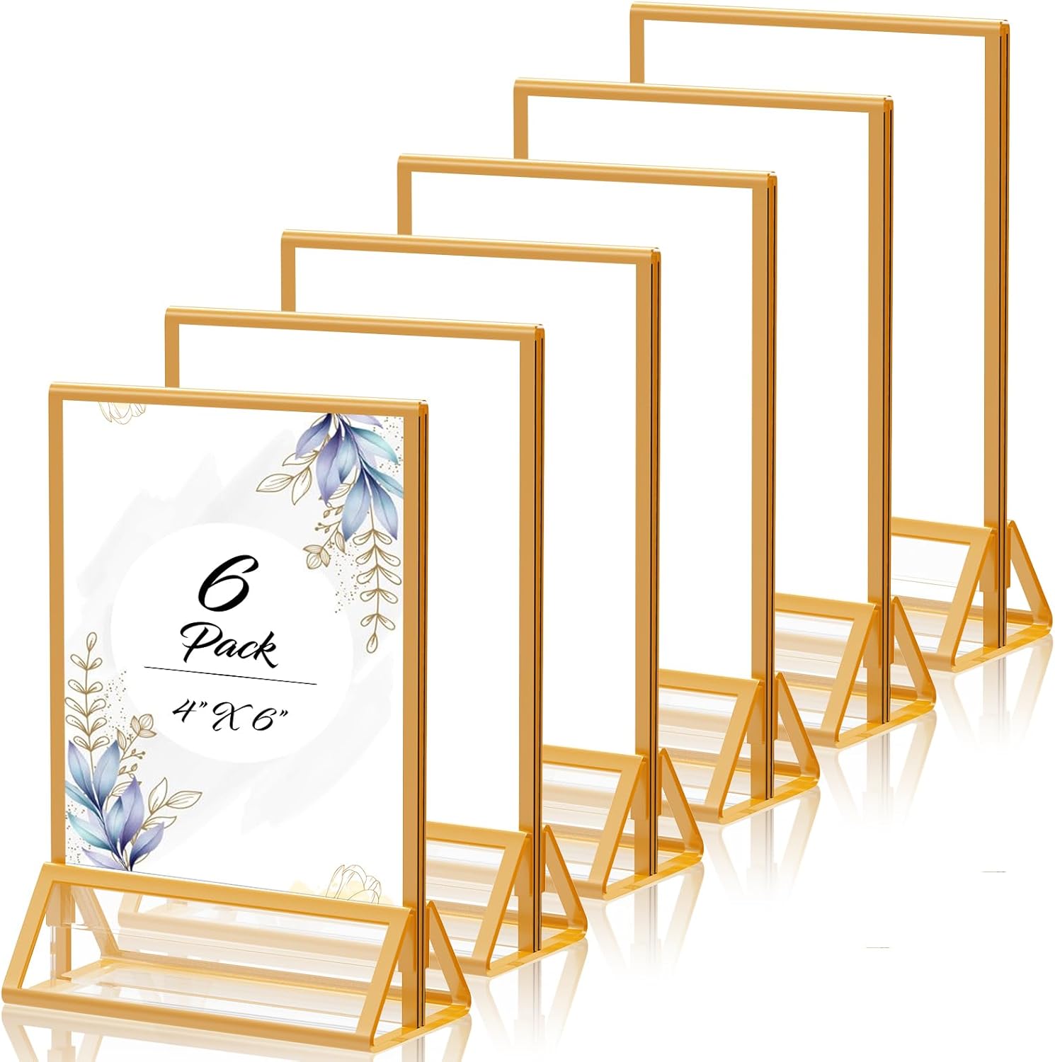 71epVmAcYKL._AC_SL1500_.jpg Gold Picture Frame 4X6 Acrylic Sign Holder Double Sided Clear Acrylic Frames Display Stand, Plastic Sign Holder for Wedding Table Numbers Menu Holder (6 Pack) - Image 1