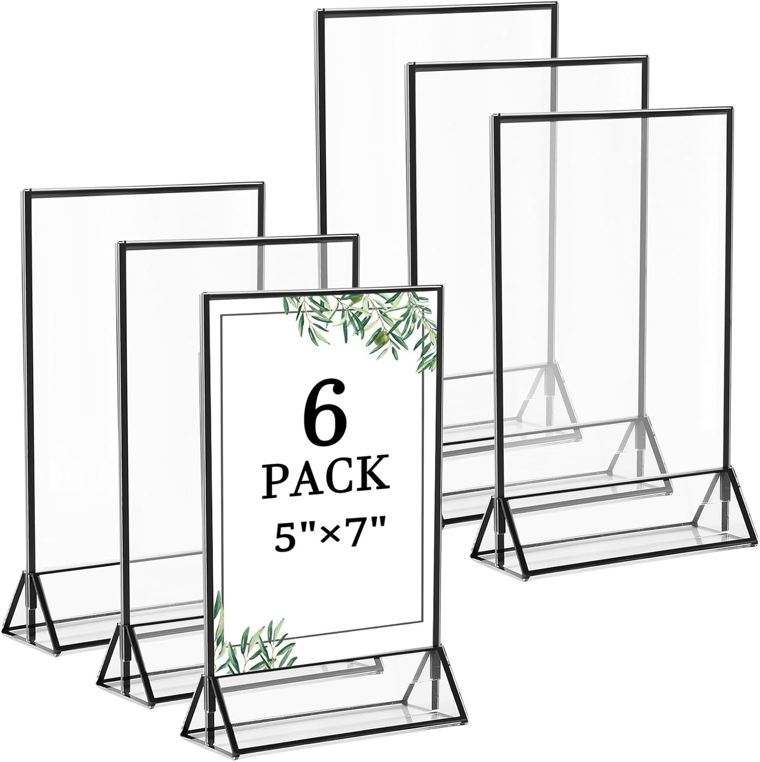 71nU7NTpcyL._AC_SL1500_.jpg 6 Pack 5x7 Inch Clear Acrylic Sign Holders, Double-Sided Black Display Stand Picture Frames for Table Numbers, Menus, Flyers, Weddings, and Offices - Image 1